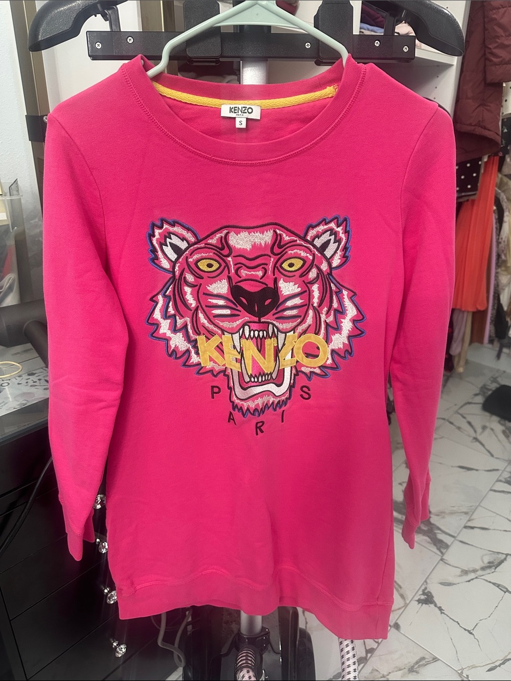 Kenzo Hot Pink Tiger Logo sweater dress with Yellow Accent